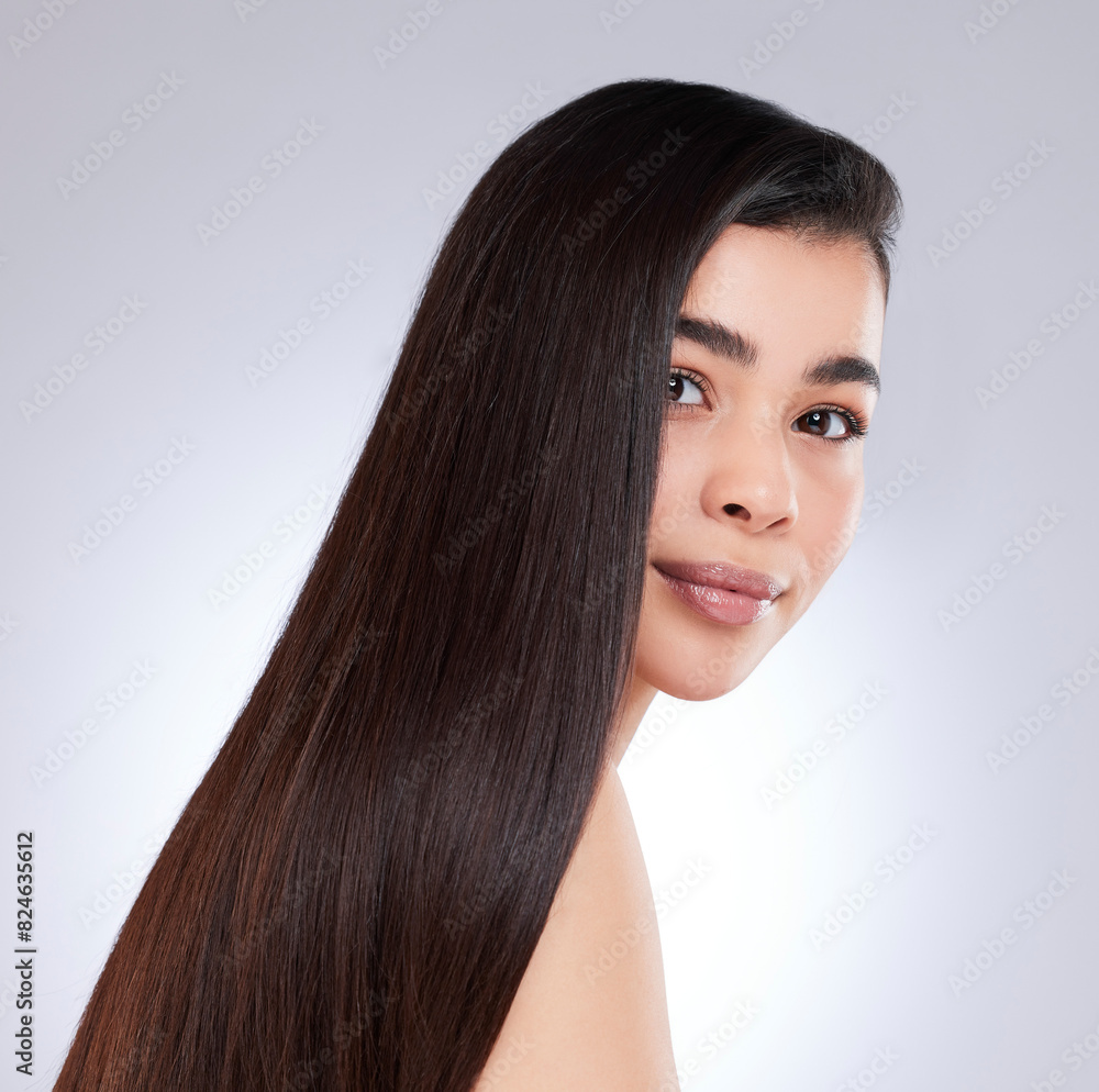 Naklejka premium Hair care, smile and portrait of woman in studio for salon treatment, satisfaction and healthy growth. Female person, pride and confidence on white background for shampoo, shine or straight hairstyle