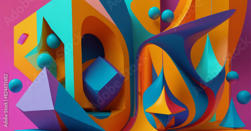 A composition where geometric shapes interact with fluid, three-dimensional forms in a vibrant, tech-inspired color scheme