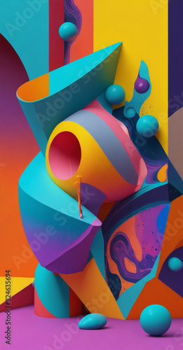 A composition where geometric shapes interact with fluid, three-dimensional forms in a vibrant, tech-inspired color scheme