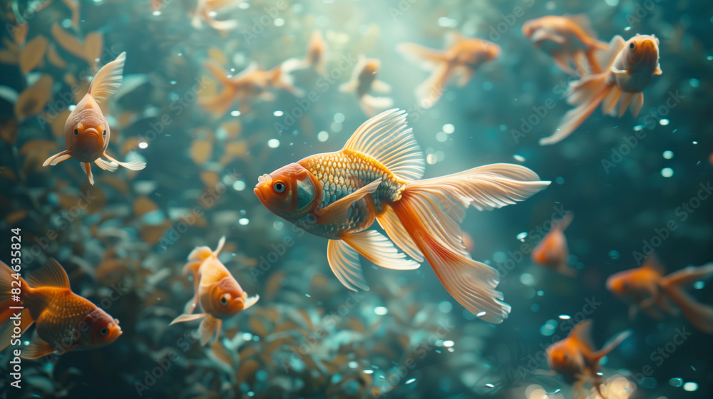 Goldfish soaring through an underwater forest, their scales shimmering with every movement Goldfish soaring through an underwater forest, their scales shimmering with every movement