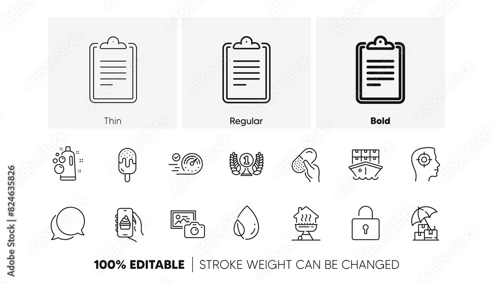 Chat message, Delivery insurance and Leaf dew line icons. Pack of Recruitment, Photo camera, Clipboard icon. Clean bubbles, Ice cream, Home grill pictogram. Shipment, Food app, Lock. Vector Chat message, Delivery insurance and Leaf dew line icons. Pack of Recruitment, Photo camera, Clipboard icon. Clean bubbles, Ice cream, Home grill pictogram. Shipment, Food app, Lock. Vector