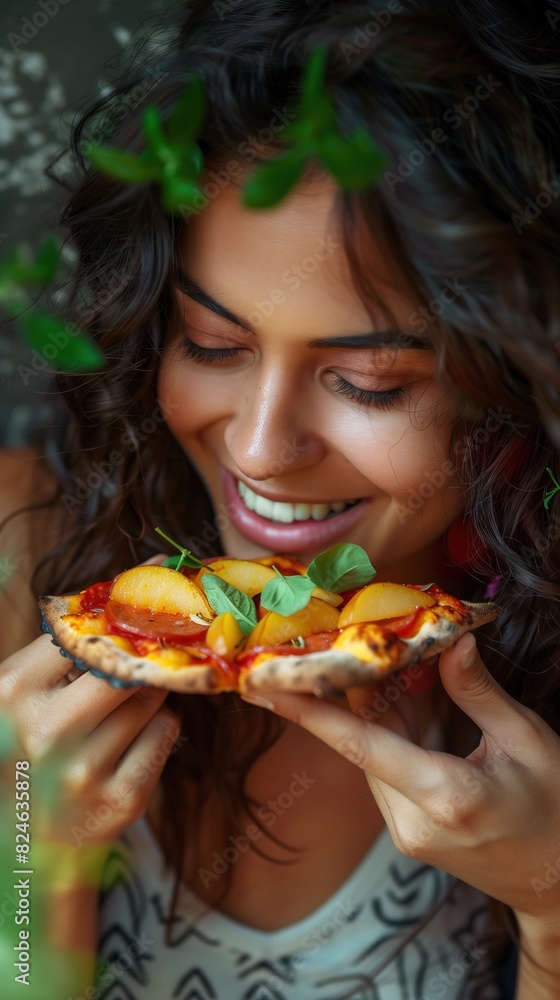 Woman Holding Slice of Pizza in Front of Her Face