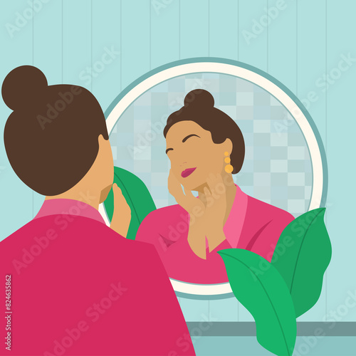 Illustration of beautiful young woman getting ready in front of the mirror (ID: 824635862)