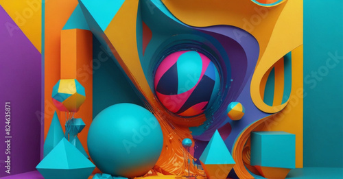 A composition where geometric shapes interact with fluid, three-dimensional forms in a vibrant, tech-inspired color scheme