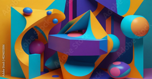 A composition where geometric shapes interact with fluid, three-dimensional forms in a vibrant, tech-inspired color scheme