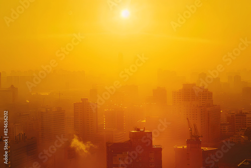 city hot temperature ,Thermometer on yellow sky with sun shining in summer show higher Weather, concept global warming