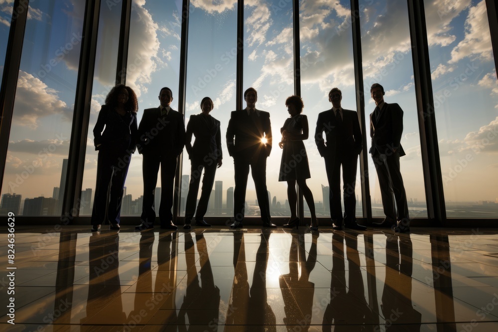Professional business team silhouetted against office windows with city skyline backdrop at sunset Professional business team silhouetted against office windows with city skyline backdrop at sunset