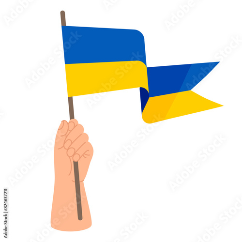 Hand with yellow-blue Ukrainian flag. Vector illustration. Ukrainian national symbol.