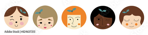 Personage bundle, nice girlish faces. Cartoon character set, different feelings, feminine image. Colorful vector simple elements.
