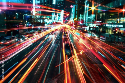 Vibrant neon light streaks in long exposure of busy city traffic at night