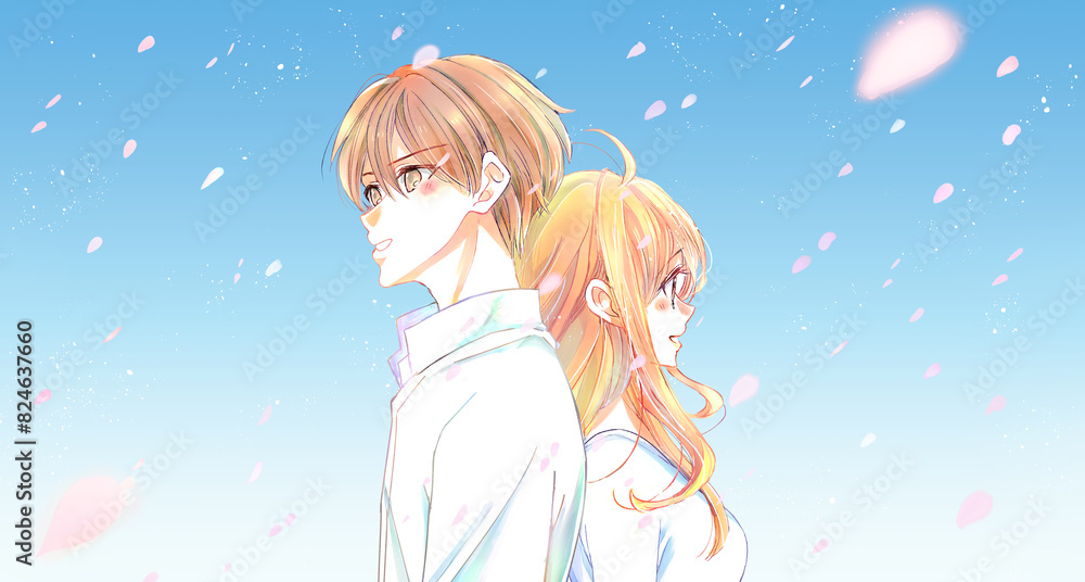 背中合わせの男女　桜吹雪