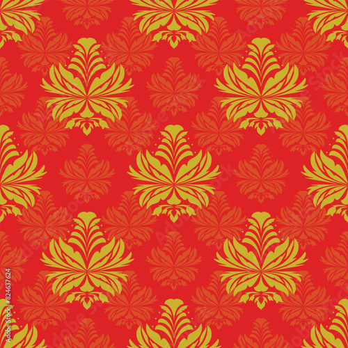 Gold&Red Color Damask Seamless Pattern - Vector Textile Design