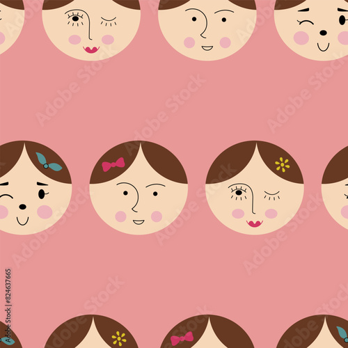 Seamless pattern, cutely girlish faces. Backdrop design, women look. Simple cute shapes, flat vector.
