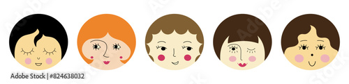 Personage pack, comely girlish faces. Cartoon style, diverse impressions, women appearance. Editable flat illustration.