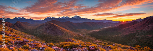 Rugged beauty of a mountain range at golden hour, with the sun setting in the background