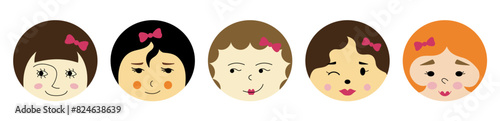 Diverse characters, handsome girlish faces. Bundle graphic, abstract shapes, women countenance. Colored flat illustration.