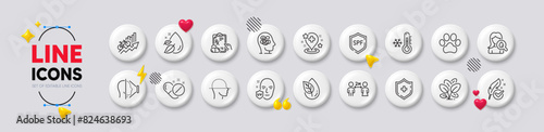 Uv protection, Face scanning and Spf protection line icons. White buttons 3d icons. Pack of Medical shield, Spinach, Hospital icon. Low thermometer, Face id, Hypoallergenic tested pictogram. Vector