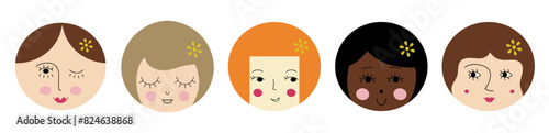 Character collection, pretty girlish faces. Head figures, various mood, woman countenance. Bright colorful composition.