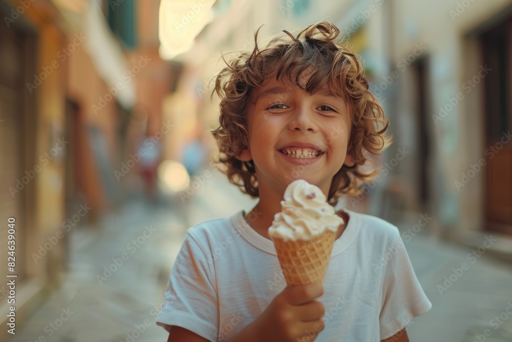 The little boy happily eats sweet cones on the street The little boy happily eats sweet cones on the street