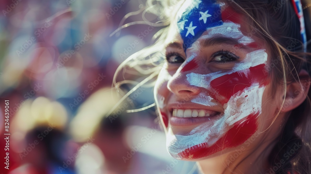  A closeup of young women with the American flag painted on their faces on the international soccer match