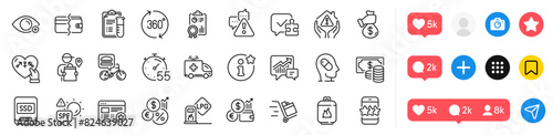 Genders, Coins banknote and Farsightedness line icons pack. Social media icons. Gas station, Inspect, Ssd web icon. Payment methods, Ambulance car, Medical analyzes pictogram. Vector photo