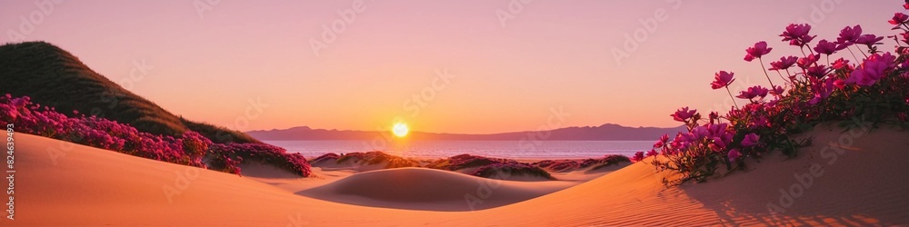 A breathtaking sunset over a desert expansion. Tropical beach at sunset. An empty beach in the rays of the pink sunset sun. Pink flowers grow in the sand. A breathtaking sunset over a desert expansion. Tropical beach at sunset. An empty beach in the rays of the pink sunset sun. Pink flowers grow in the sand.