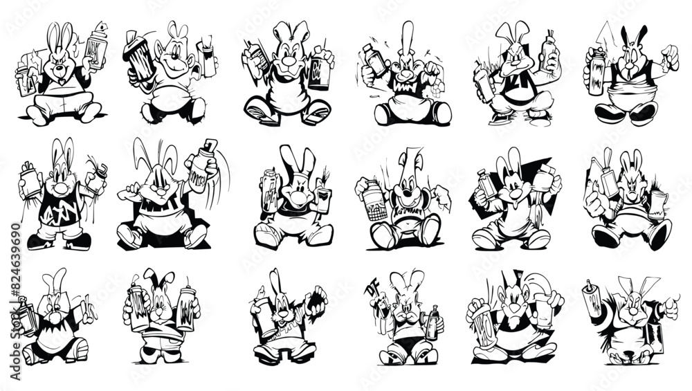 Set of Urban Graffiti Spray Can Rabbit Character Tag Doodle Drawing Grunge, Graffiti Character, Street Art
Set of Urban Graffiti Spray Can Rabbit Character Tag Doodle Drawing Grunge, Graffiti Character, Street Art