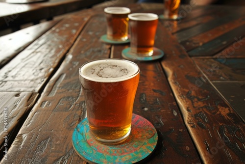 Circular Colorful beer coaster on wooden table. Element sticker ale beverage bar. Generate Ai photo