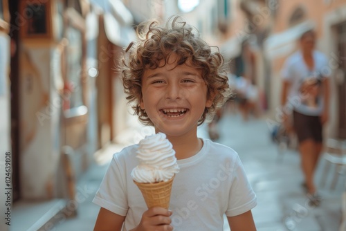 The little boy happily eats sweet cones on the street