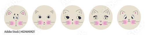 Avatar set, black eyes cats. Expression of emotions, diverse stickers, funny cat clipart. Editable vector illustration.