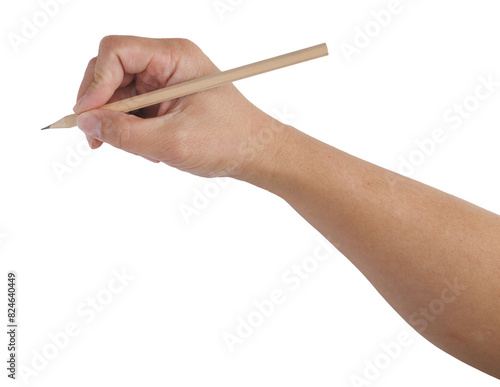 A hand holding a wooden pencil and drawing on a white background. The pencil is thin and the hand is positioned to create a line. Concept of creativity and focus. photo