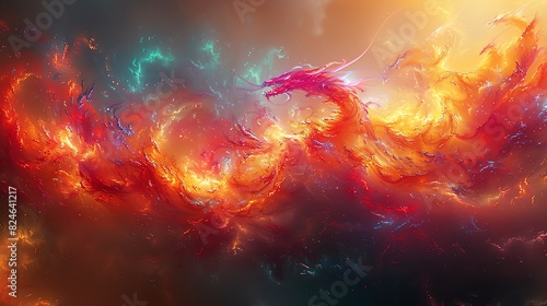 Fiery dragon rising from abstract nebula with swirling smoke.