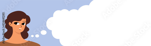 Banner with a talking woman. Cute girlish face. Woman's day concept. Flat vector cartoon design.