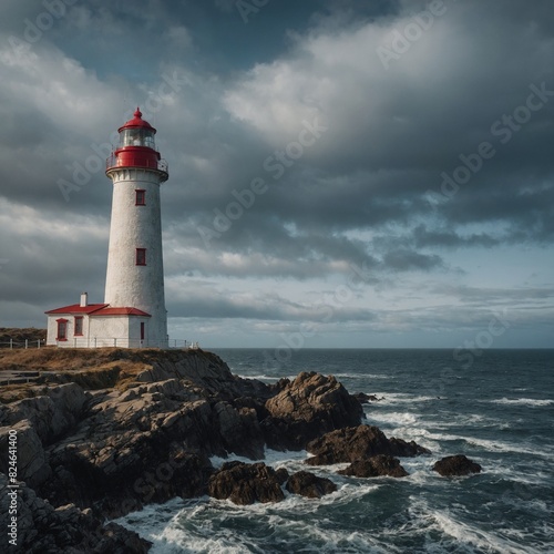 A scenic lighthouse on a rocky coast.