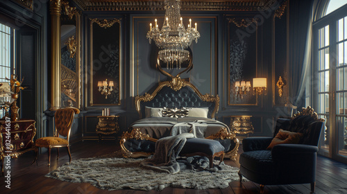 A luxurious, art-deco-inspired bedroom with a ornate, gilded bed frame, a plush, velvet-upholstered armchair, and a glamorous, crystal-beaded chandelier. 