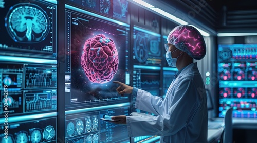 AI in cancer screening, oncologist using AI to detect early signs of cancer, futuristic screening center, advanced imaging tools