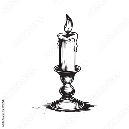 Burning candle in vintage candlestick. Hand drawn isolated vector illustration on white background