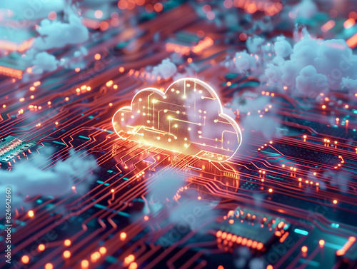Illustation of cloud computing or cloud storage in the area of information technology. Concept of data in the cloud.
