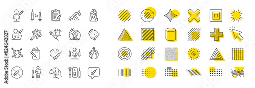 Corona jab, Medical Syringe, Vaccination passport icons. Design shape elements. Vaccine line icons. Covid vaccine, Human jabbed and Coronavirus dose. Vector