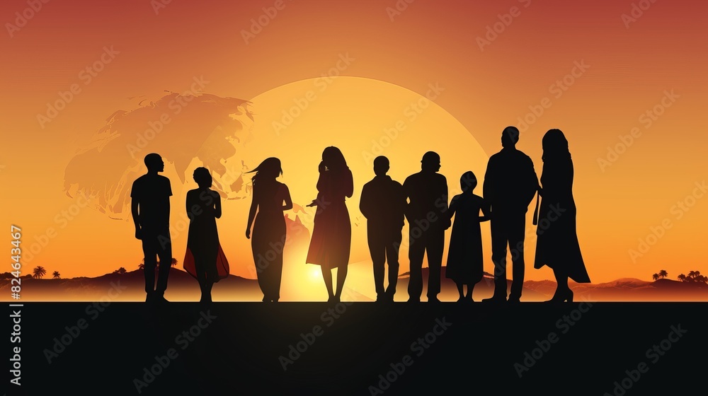 Different cultures in international society concept. Diverse group of multiethnic multicultural hands silhouette.