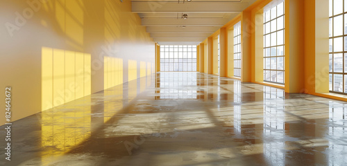 Exhibition hall with butter yellow wall  glossy concrete floor  and light-filled windows. 3D rendering  mockup.