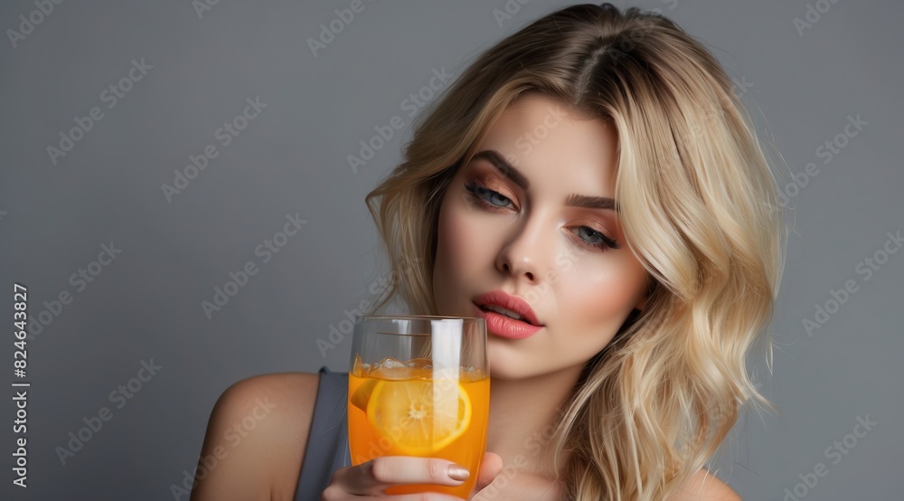 Beautiful attractive blonde woman model confusion expression drink mocktail Beautiful attractive blonde woman model confusion expression drink mocktail