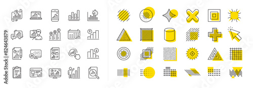 Set of Chart presentation, Report, Increase growth graph icons. Design shape elements. Graph line icons. Analytics testing, Falling demand, Pie chart report. Calendar statistics, Stats. Vector