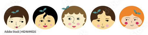 Personage collection, pleasant girlish faces. Cartoon faces, diverse feelings, woman portrait. Creative giggly design.