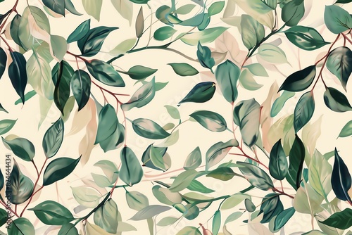 Create a seamless watercolor pattern with a variety of leaves in muted green and blue tones on a beige background.