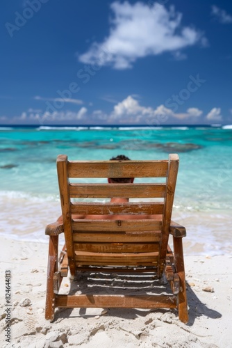 A wooden chair placed on a sandy beach  under the sun
