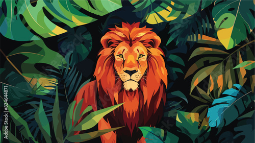 Lion and Tropical Leaves at Forest Vector illustration