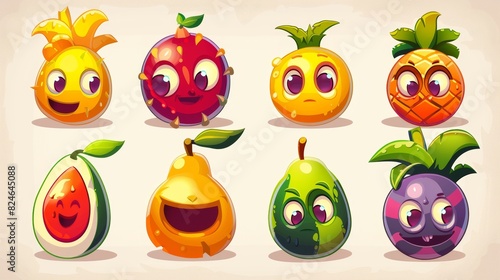Retro cartoon fruit characters. Lemon  watermelon  pineapple  pear  garnet  apple  mango  pitaya mascots. Modern illustration.