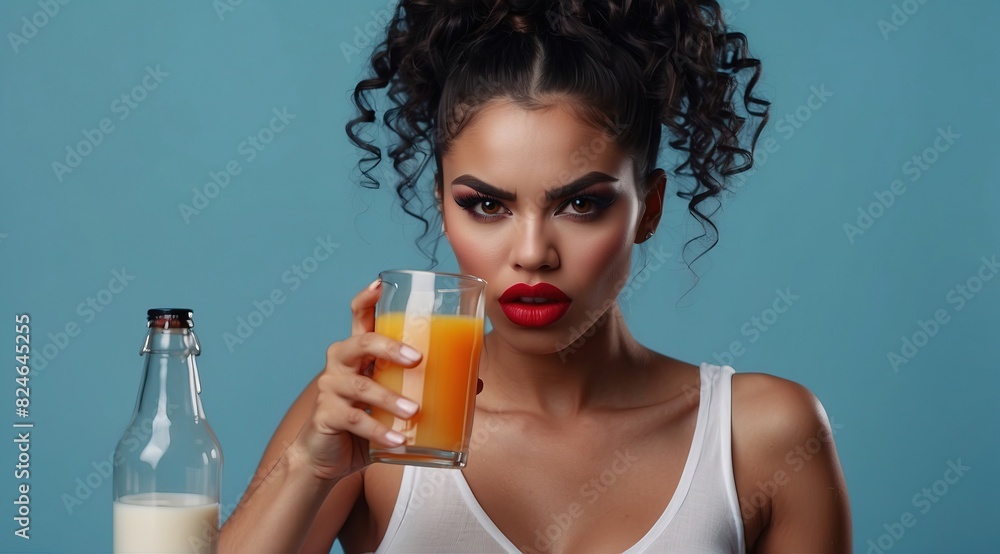 Beautiful attractive black woman model angry expression eating healthy juice Beautiful attractive black woman model angry expression eating healthy juice