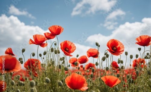 Red poppies blooming in a field under a cloudy blue sky